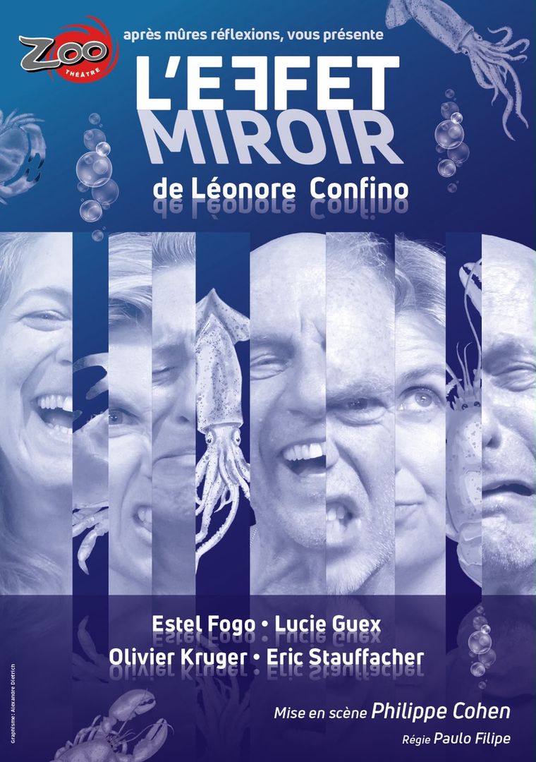 Affiche de L'Effet Miroir : quatre visages en bandes verticales sous l'eau, entourés de crabes, homards et calmars.